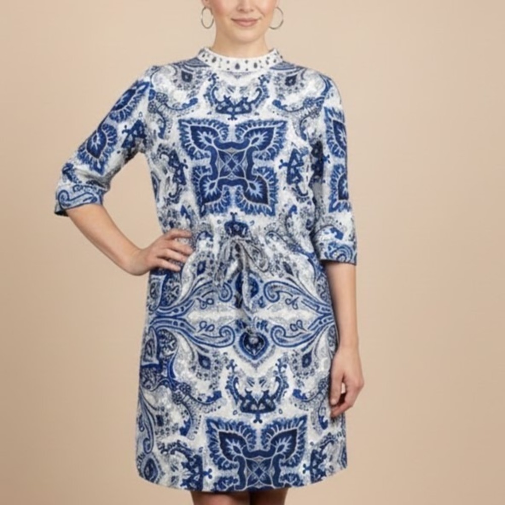 Trina Turk Blue Paisley Silk Blend Beaded Neck Sheath Dress L